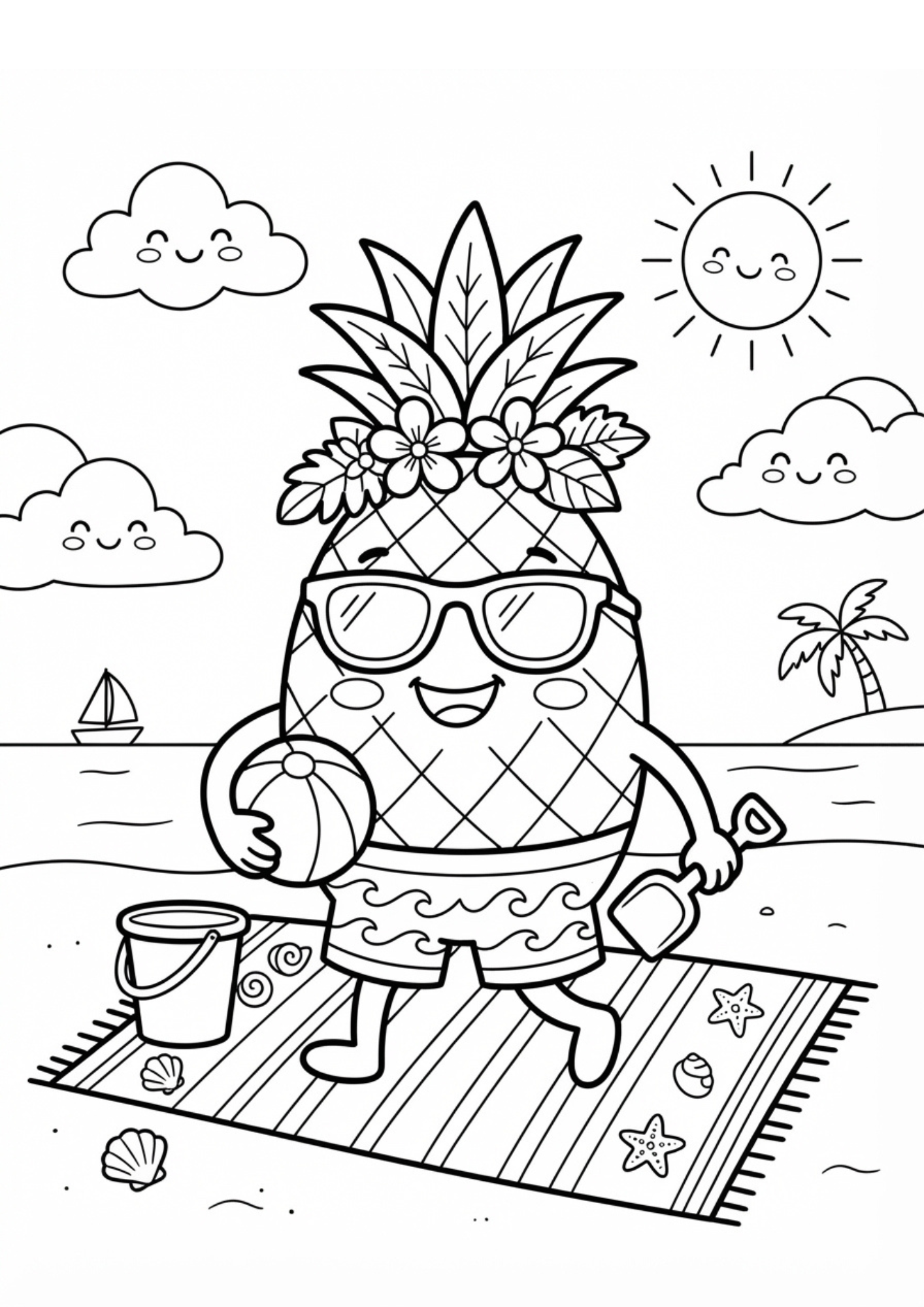 Blije Ananas op het Strand — gratis kleurplaat om te printen