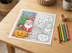 Categorie-overzicht van vrolijke kleurplaten met het thema feestdagen.