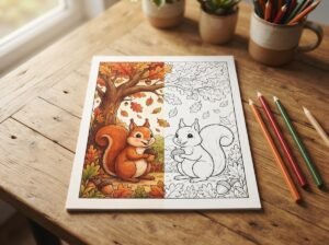 Categorie-overzicht van vrolijke kleurplaten met het thema herfst.