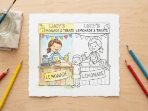 Een deels ingekleurde kleurplaat met het thema ondernemen en een marktkraampje op een houten tafel.