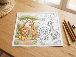 Categorie-overzicht van vrolijke kleurplaten met het thema wilde dieren.