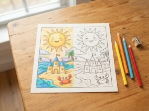 Categorie-overzicht van vrolijke kleurplaten met het thema zomer.