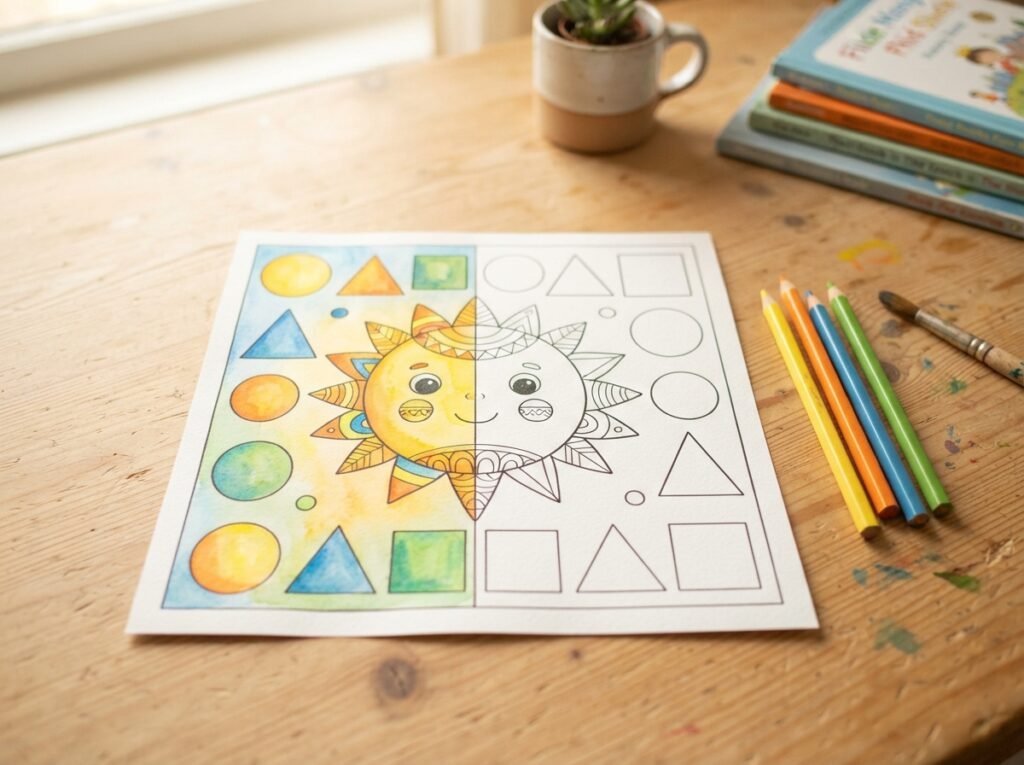 Een deels ingekleurde kleurplaat met een vrolijke zon in Montessori stijl.