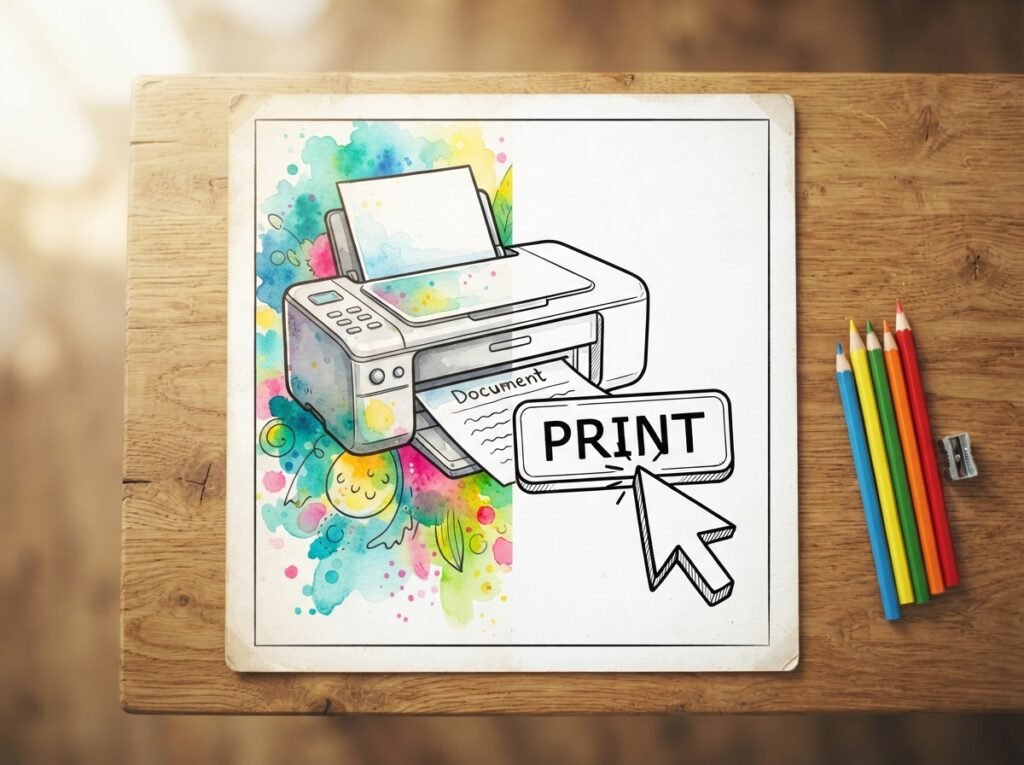 Een deels ingekleurde kleurplaat van een printer op een houten tafel.