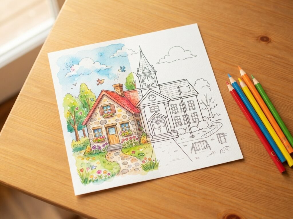 Een deels ingekleurde kleurplaat van een huis en een schoolgebouw op tafel.