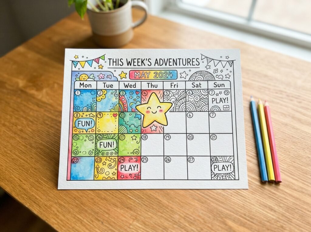 Een deels ingekleurde kleurplaat van een kalender met een blije ster.