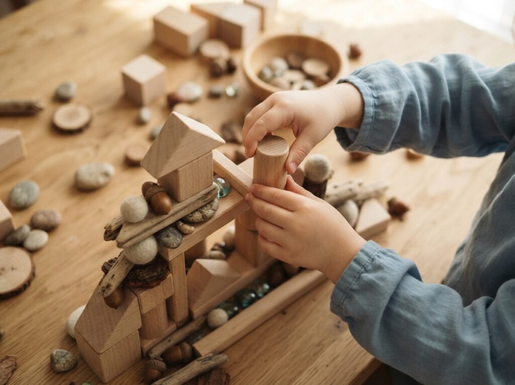 Kleuter bouwt creatief met houten blokken en stimuleert zo een ondernemende en actieve houding
