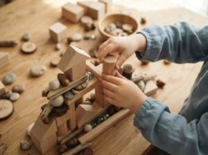 Kleuter bouwt creatief met houten blokken en stimuleert zo een ondernemende en actieve houding