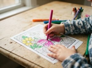 Kinderhand kleurt met een stift op een kleurplaat zowel binnen als buiten de lijntjes