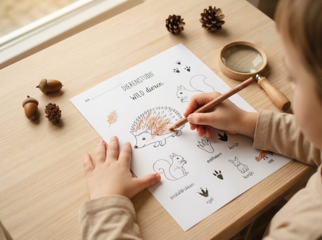 Kind vult een Montessori werkblad in over dierenonderzoek en diersporen met een vergrootglas op tafel