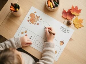 Kleuter oefent fijne motoriek met lijnen trekken op een Montessori herfst werkblad aan een houten tafel