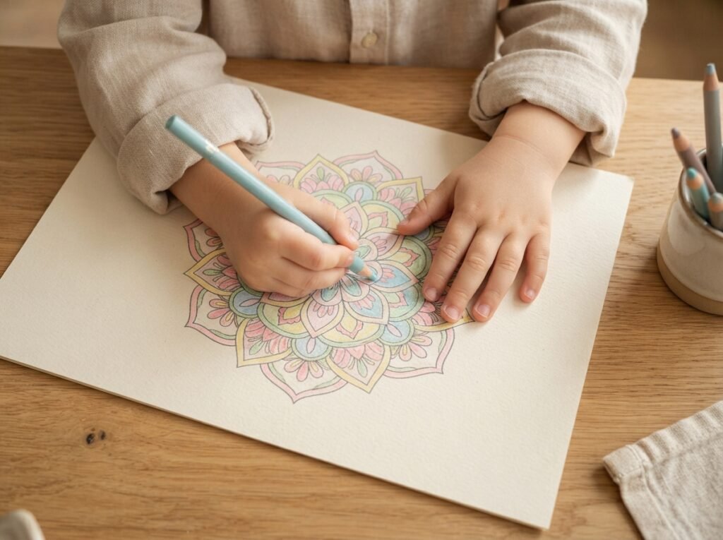 Kleuter kleurt geconcentreerd en rustig een eenvoudige mandala als mindfulness oefening