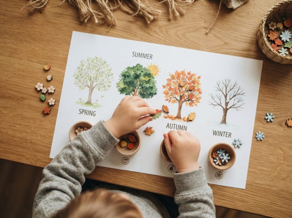 Kinderhanden sorteren een educatieve activiteit over de vier seizoenen om de tijd te leren begrijpen
