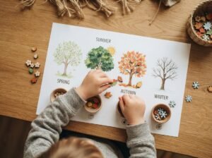 Kinderhanden sorteren een educatieve activiteit over de vier seizoenen om de tijd te leren begrijpen