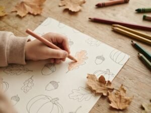 Kleuter kleurt in een Montessori herfst werkboek met natuurstudie activiteiten op een houten tafel.
