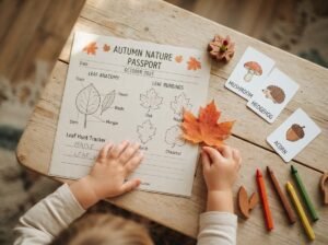 Overzicht van de inhoud van het Montessori herfst natuurboekje met herfstbladeren onderdelen en naamkaarten