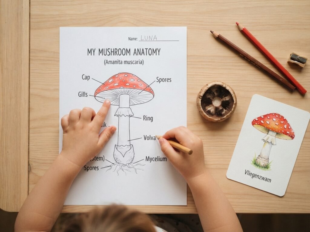 Educatief werkblad over paddenstoelen anatomie en het maken van een sporenprint voor kinderen op een houten tafel