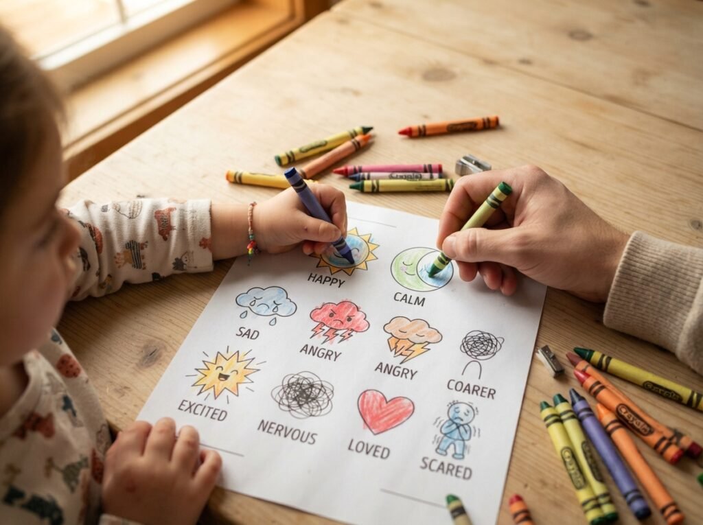 Ouder en kind kleuren samen een kleurplaat over emoties om te praten over gevoelens