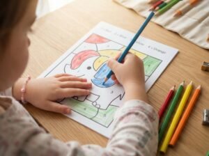 Kleuter oefent met cijferherkenning door het inkleuren van een getallen-kleurplaat