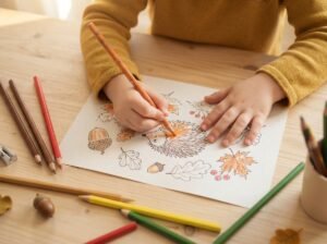 Kleuter kleurt een thematische kleurplaat over de herfst om spelenderwijs de woordenschat te vergroten