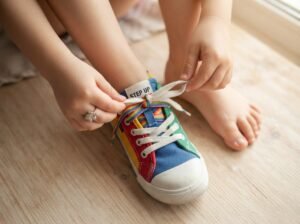Kinderhanden die oefenen met het strikken van veters op een kleurrijke schoen