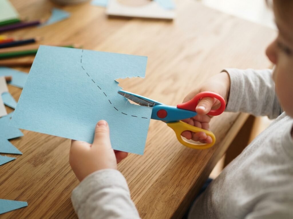 Peuter leert papier knippen met een kinderschaar aan een houten tafel.