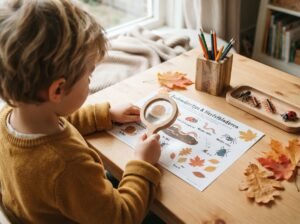 Kind leert bodemdiertjes determineren onder herfstbladeren met een educatief werkboekje.