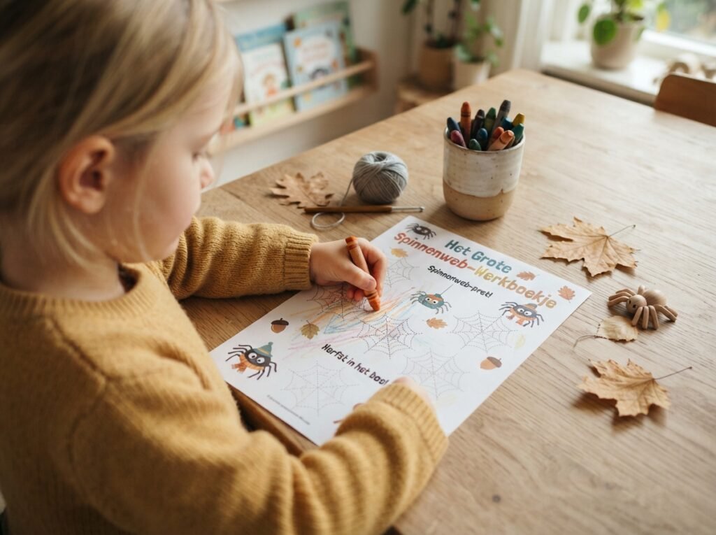 Kind leert hoe een spin zijn web bouwt met een rijgkaart uit Het Grote Spinnenweb-Werkboekje.